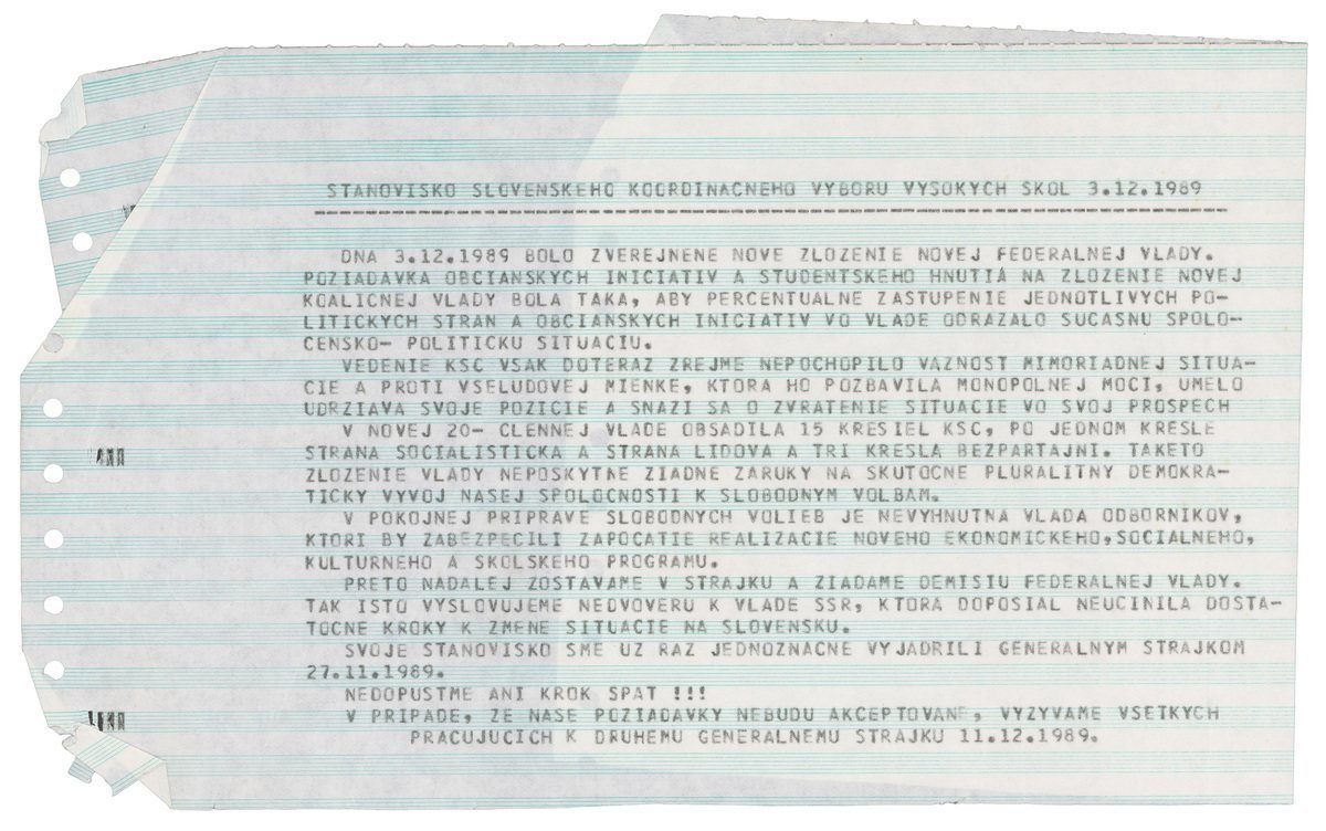 Stanovisko slovenského koordinačného výboru vysokých škôl. 1989. Archív Heleny Kociskej